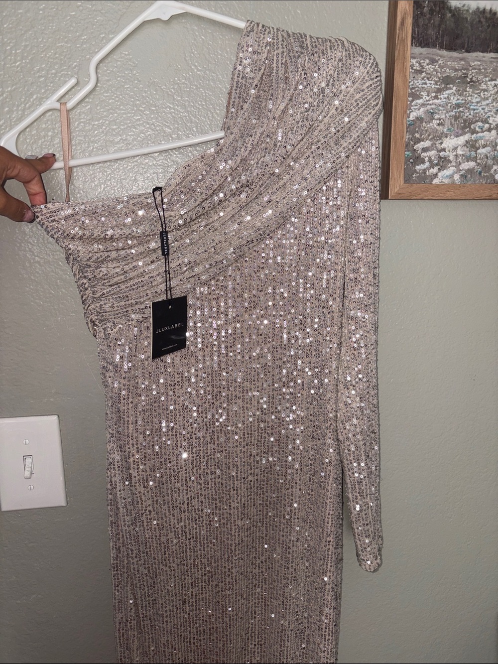 JLUXLABEL One-Shoulder Sequin Gown in Champagne